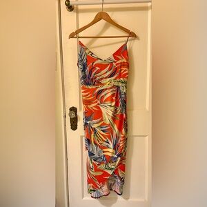 MOCI BY PURPLE RAIN Dress Tropical Print Mock Wrap Spaghetti Strap Stretch (M)